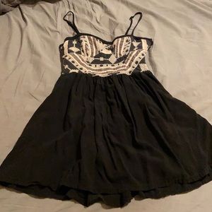 Bustier style embroidery print mini dress; double layer for privacy